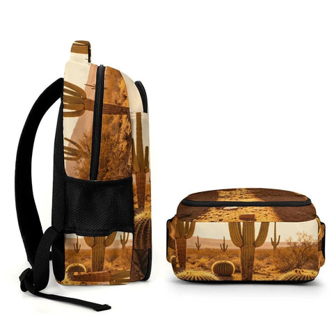 Golden Hour Arid Cactus Print Unisex Everyday Carry Backpack side and front view with smooth zipper and durable polyester material