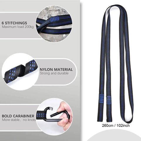 Camping Hammock With Built In Mosquito Net And Rain Fly, Heavy Duty Tree Straps, Nylon Parachute Fabric, tree straps close-up