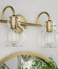 Two-Light Gold Bathroom Vanity Light Fixture With Clear Globe Shades, Modern Brushed Gold Wall Sconce for Over Mirror, E26 Base