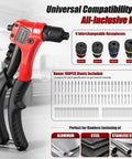 No Brainer One Hand Pop Rivet Gun With Quick Swap Nosepiece And Lockdown Storage Built For Rough Auto Fabrication And Sheet Metal Repair That Seriously Saves Your Wrists with interchangeable nosepieces and 100 bonus rivets.