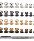 Pro-Level Gear 64 Set Metal Button Studs With Screwback Design in four colors showcasing antique bronze, gunmetal, platinum, gold.