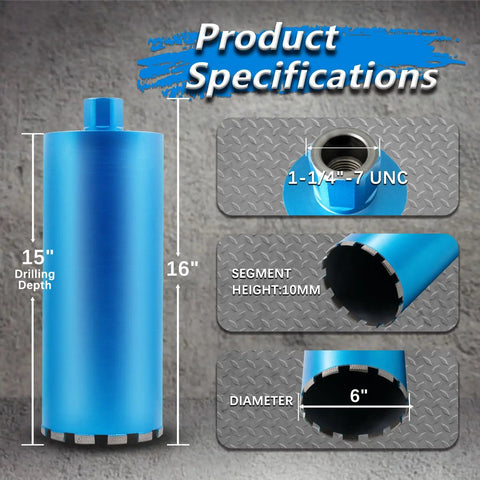 6 Inch Wet Diamond Core Drill Bits For Concrete With Rebar And Masonry, 15 Inch Drilling Depth, Thread Details, Laser Welded