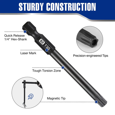 Security Torx Bit Set With CNC Machined S2 Steel Star Bits, Pro Grade Three Inch Long Tamper Proof Driver Bit with magnetic tip