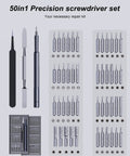 50-In-1 Magnetic Screwdriver Set With 47 Bits And Tiny Precision Tools displayed with case, prying tools, and tweezers.