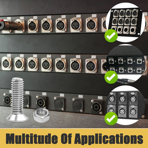 Heavy Duty D Series Panel Screws And Nuts Kit For Audio Server Racks Featuring Top Shelf Stainless Steel Hardware And Hassle Free Install For All Studio Rig Setup Projects with stainless steel screws and nuts in use.