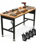 Badass 70 Inch Adjustable Workbench Featuring Rock Solid 2500 Pound Steel Frame And Built In Rolling Cabinet Storage, tools arranged.