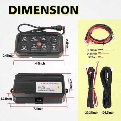 Dimensions of Eight Gang LED Car Switch Panel With Touch Button Relay System for Trucks Boats UTVs Marine and SUVs DC 12 24V