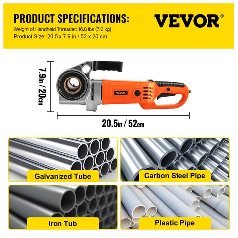Powerful 2300W Pipe Threader For Half To Two Inch Pipes With 6 Dies And 110V Handheld Electric Threading Machine Copper Motor 22 RPM No Load Speed Portable Kit With Carrying Case By VEVOR, shown with product dimensions and pipe compatibility.