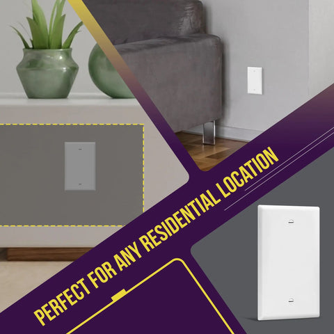 Mid Size Blank Wall Plate 1-Gang 4.88 By 3.11 Inches Gloss White Pack Of 10 installed on a residential wall