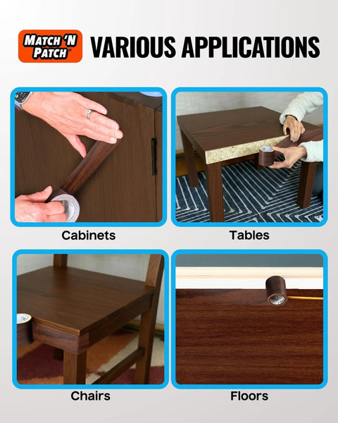 Various applications of Wood Grain Repair Tape Dark Walnut 2.25 In X 15 Ft 1 Pack Easy Peel And Apply Durable for cabinetry and flooring.