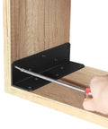 8 Inch L Shaped Heavy Duty Iron Corner Bracket installation in wood shelf with screwdriver, black finish, 3mm thick
