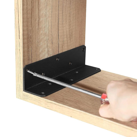 8 Inch L Shaped Heavy Duty Iron Corner Bracket installation in wood shelf with screwdriver, black finish, 3mm thick
