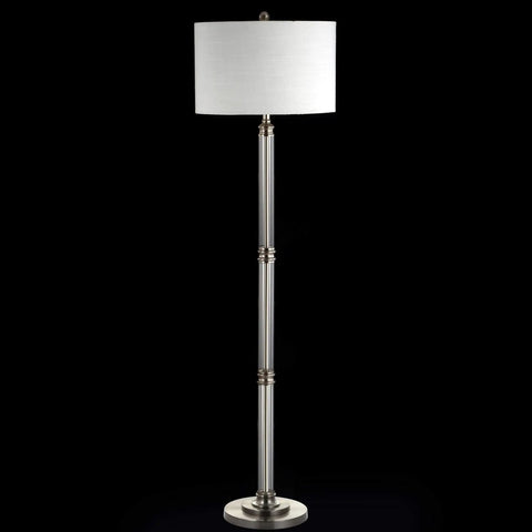 60 Inch Polished Nickel And Clear Glass Floor Lamp With White Linen Round Shade, Transitional Iron Standing Light For Your Living Room