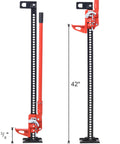 Beefy 7000 Lbs Ratcheting Farm Jack With 6 To 48 Inch Lift Range, red tool with measurements, for off-road and farm use