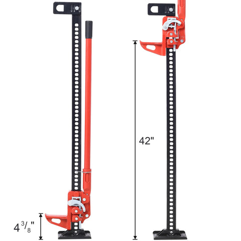 Heavy Duty 7000 Lbs Capacity Off Road Utility Jack With 4 To 38 Inch Lift, in red and black, showing handle and ratcheting mechanism.