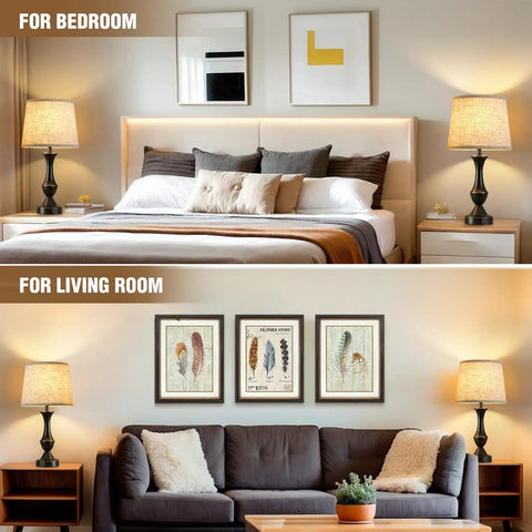 Upgraded 22 Inch Touch Table Lamps Set Of 2 With USB C And USB A Ports Dimmable Nightstand Lamps For Bedroom Living Room Office Black Base With Beige Lampshades Bulbs Included displayed in bedroom and living room.