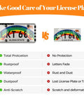 2 Pack Clear License Plate Protector Frames For Front And Rear No Hassle Install With Screws Caps ABS Car Frame Fits Any Standard US Plates American Flag Design Weather Ready And Rust Resistant For Your Ride, comparison chart showing protection features