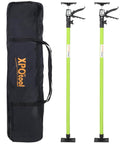 Two lime-green adjustable support poles with clamp tops and base feet in a black carrying bag