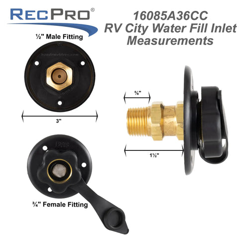 RV City Water Inlet With Brass Check Valve, Black Finish, Made In USA, Heavy Duty Construction, Secure Brass Pipe Threads For Leakproof City Water Fill And Reliable RV Hookups, 3-inch