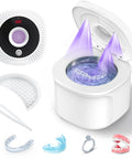 Ultrasonic Denture Cleaner Pod 45kHz With Digital Timer 200ml 4 Modes For Dentures Aligners Night Guards Mouth Guards Toothbrushes And Jewelry Pro Grade Deep Clean For All Dental Appliances, open view with denture and UV light