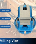 Built Tough Precision Mill Vise Featuring Rock Solid 360 Degree Swiveling Base Knockout Grip Heavy Duty Steel Bench Clamp top view showcasing milling vise structure.