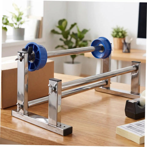 Manual Roll Film Dispenser For Stretch Wrapping Film And Cargo Packaging Supplies on desk, stainless steel frame with blue rollers