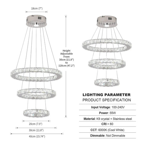 Three Ring Crystal Chandelier With Adjustable Stainless Steel Led Ceiling Fixture, K9 Crystals, 6000K Cool White Light For Living Room, Dining Room, Kitchen, Bedroom, Foyer, Modern, Built To Last, Bright