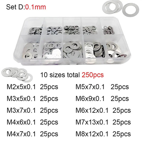 Must Have Ultra Thin Stainless Steel Flat Washer Set 250 Pcs DIN 988 M2 Through M8 0.2mm Thick Shim Gasket Assortment Kit In Box Set B 304 Stainless Steel With Smooth Edges, 10 sizes in organizer