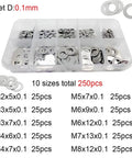 Ultra Thin Stainless Steel Flat Washer Set 250 Pcs DIN988 M2 To M8 0.2mm Thick 304 Stainless Shims Plain Gasket Assortment Kit In Sturdy Box Ideal For Precise Assemblies Space Saving Storage Corrosion Resistant; 10-size 0.1mm washer kit