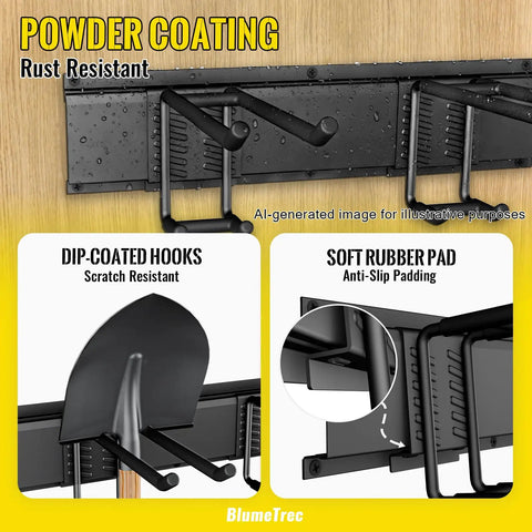 Heavy Duty Wall Mounted Tool Organizer For Garage with dip-coated hooks and soft rubber pads for shovels