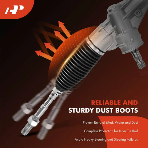 Close-up of electronic power steering rack and pinion with dust boots for Toyota RAV4 2006-2015, shown with tie rods.