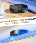 2 In 1 Robot Vacuum And Mop With 6500Pa Beast Mode Suction Gyro Inertial Navigation 200 Minute Runtime App WiFi Voice Control Slim Design For Pet Hair On Hard Floors And Carpets showcasing anti-drop and anti-collision features on hard floor next to furniture.