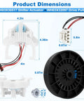 Real Deal GE Washing Machine Repair Kit Featuring Transmission Pulley Push Nut Shift Actuator Drive Belt Clutch And Coil Spring dimensions of WH03X30517 actuator and WH03X32097 drive pulley.