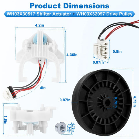 Real Deal GE Washing Machine Repair Kit Featuring Transmission Pulley Push Nut Shift Actuator Drive Belt Clutch And Coil Spring dimensions of WH03X30517 actuator and WH03X32097 drive pulley.