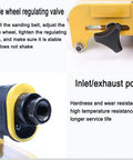 Close-up of Heavy Duty Pneumatic Belt Sander With 100 Sanding Belts 360 Swivel Chuck highlighting guide wheel regulating valve and inlet port.