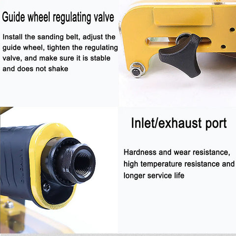 Close-up of Heavy Duty Pneumatic Belt Sander With 100 Sanding Belts 360 Swivel Chuck highlighting guide wheel regulating valve and inlet port.