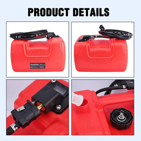 Three Gallon Portable Boat Gas Tank 12L Marine Gas Tank With Marine Fuel Line Connector Hose For Outboard Motors EPA Compliant Replacement 6YL 24201 24 00, shown with hose and fuel line connector, close-up of fuel cap and connector details.