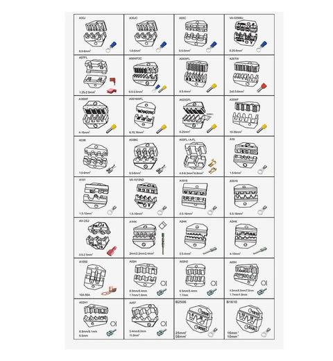 Genuine Heavy Duty Semi Auto Electric Terminal Crimping Machine With Tough As Nails Multi Jaw Design For Hella Fast Cold Wire Connector Crimping That Runs Smooth Without Any Drama, showing various terminal connector types and specifications.