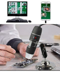 Handheld Digital Microscope 40X To 1000X With 8 LED Endoscope Camera Carrying Case And Solid Metal Stand Compatible With Android Windows 7 8 10 11 Linux Mac Not For iPhone iPad Great For Tiny Details And Gearheads. USB microscope on solid metal stand inspecting PCB board