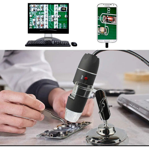 Handheld Digital Microscope 40X To 1000X With 8 LED Endoscope Camera Carrying Case And Solid Metal Stand Compatible With Android Windows 7 8 10 11 Linux Mac Not For iPhone iPad Great For Tiny Details And Gearheads. USB microscope on solid metal stand inspecting PCB board