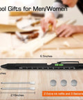 9 In 1 Multitool Pen Gift For Dad displayed with dimensions, ink refills, and batteries.