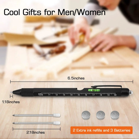 9 In 1 Multitool Pen Gift For Dad displayed with dimensions, ink refills, and batteries.