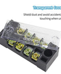 Five Sets Of Four-Position Dual-Row Screw Terminal Blocks, 600V 15A, Heavy Duty Strip With Barrier Jumpers, Includes Ten Jumpers In Black And Red, Perfect For Pro Electronics Projects And DIY Power Distribution Gear. Transparent cover over 4-position terminal block
