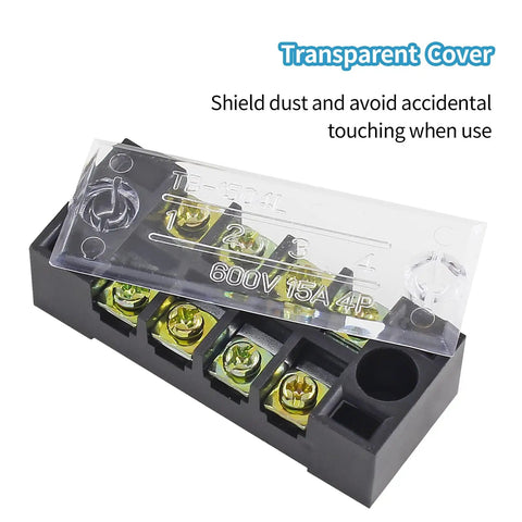 Five Sets Of Four-Position Dual-Row Screw Terminal Blocks, 600V 15A, Heavy Duty Strip With Barrier Jumpers, Includes Ten Jumpers In Black And Red, Perfect For Pro Electronics Projects And DIY Power Distribution Gear. Transparent cover over 4-position terminal block