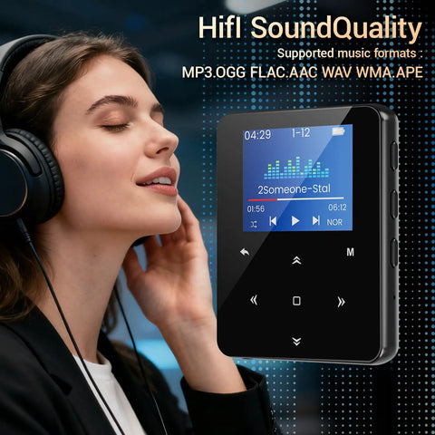 64GB Bluetooth 5.3 MP3 Player with Hi Fi Lossless Sound, pocket size for running and workouts, shown with headphones