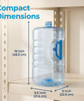 Stackable Five Gallon Water Jug With Easy Carry Handle For Space Saving Storage Lightweight Durable Container shown on shelf