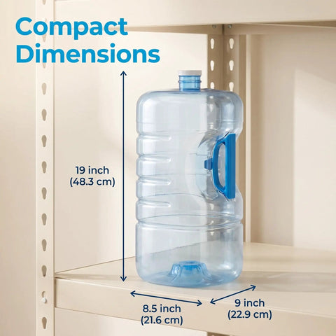 Stackable Five Gallon Water Jug With Easy Carry Handle For Space Saving Storage Lightweight Durable Container shown on shelf