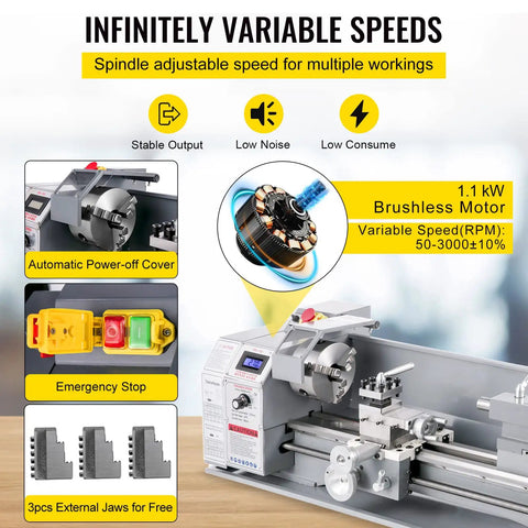 Garage Ready Mini Metal Lathe With One Point One Kw Motor And Butter Smooth Infinite Speed Dials Featuring Sharp Led Readout For Flawless Counter Face Turning And Quick Drilling Tasks showing speed control and brushless motor.