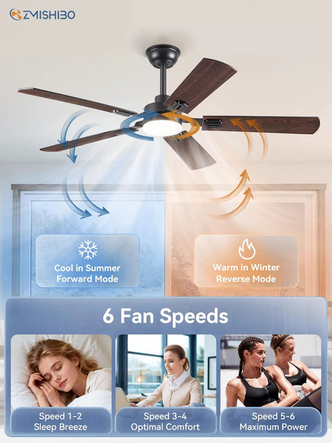 52 Inch Black Ceiling Fan With Lights, Modern Farmhouse Design, showing air flow directions and fan speed settings in room.