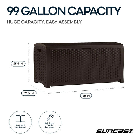 Beefy 99 Gallon Outdoor Wicker Resin Storage Chest With Easy Grip Handles For Patio Garden Garage Or Pool All Weather Mocha Heavy Duty Weatherproof Deck Box dimensions and features